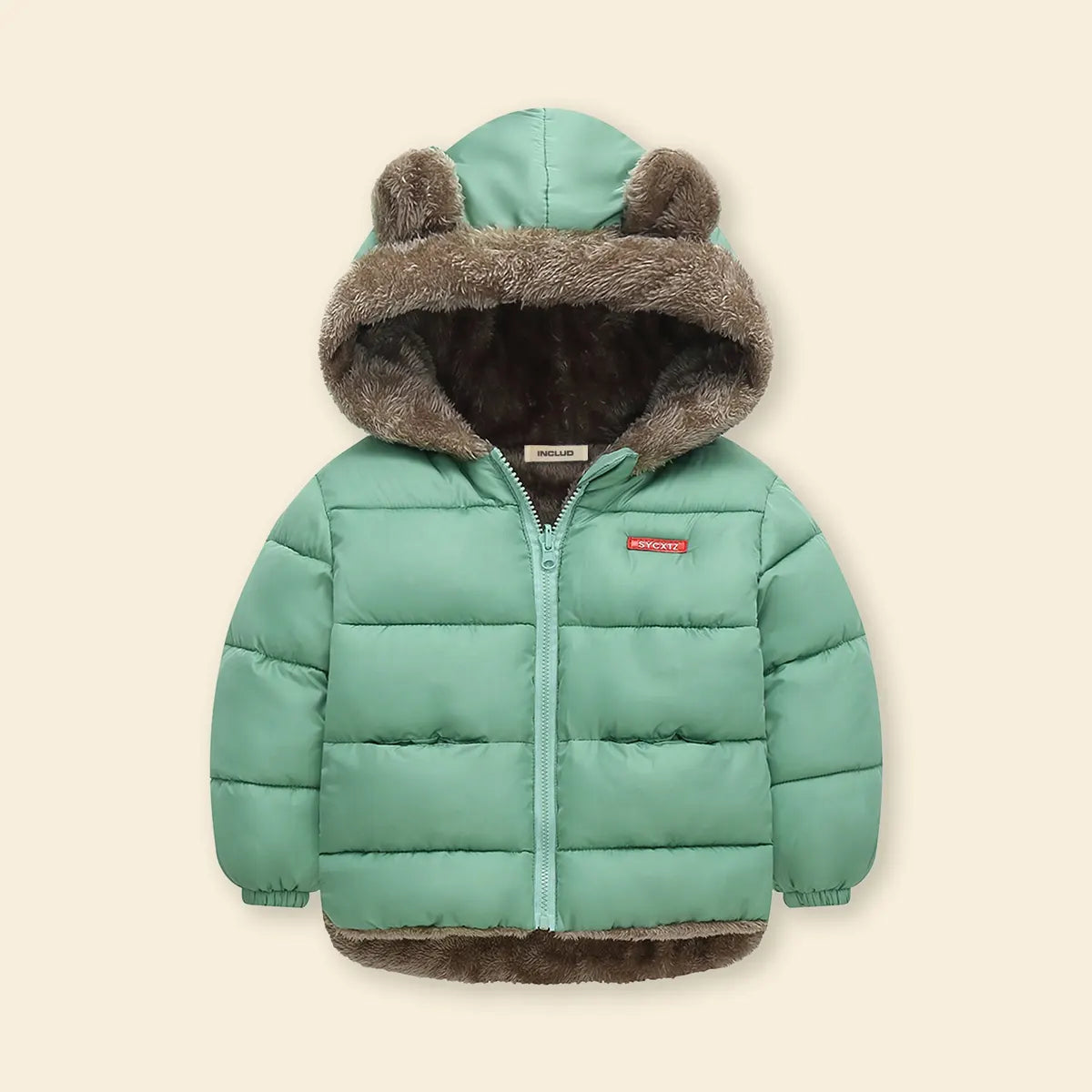 Boys Green Zip-up Puffer Jacket With Bear Ear On Hood Coats & Jackets