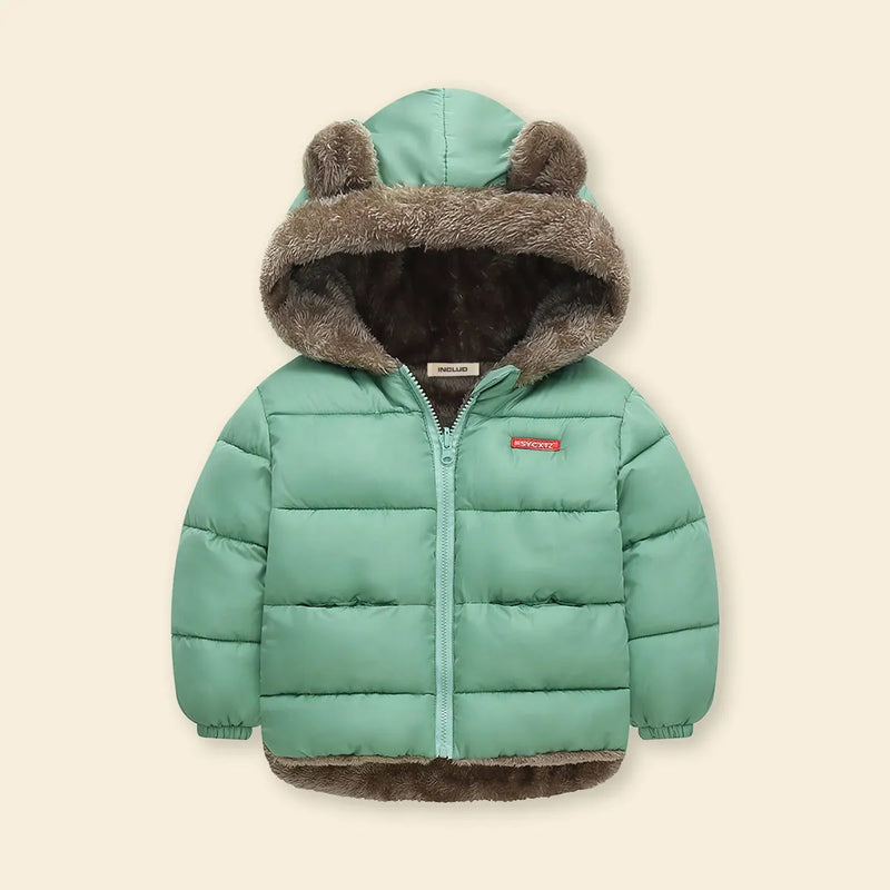 Boys Green Zip-up Puffer Jacket With Bear Ear On Hood Coats & Jackets