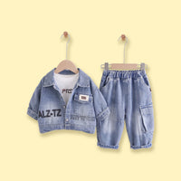 Boys Light Blue Denim Shacket & Cargo Pants With T-Shirt Sets Sets Light Blue 1-2 Y