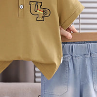 Boys Tan Typographic Short Sleeve Polo T-Shirt With Denim Shorts Sets 2 pc. Sets
