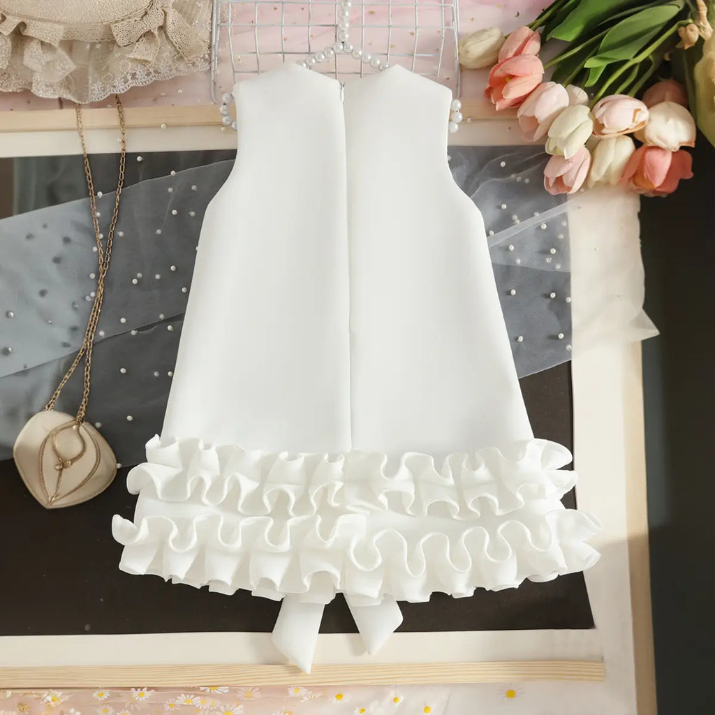 Girls White Sleeveless Large Bow Applique A-line Party Wear Dress Party Dresses