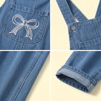 Girls Blue Denim Bow Embroidered Dungaree Jumpsuits