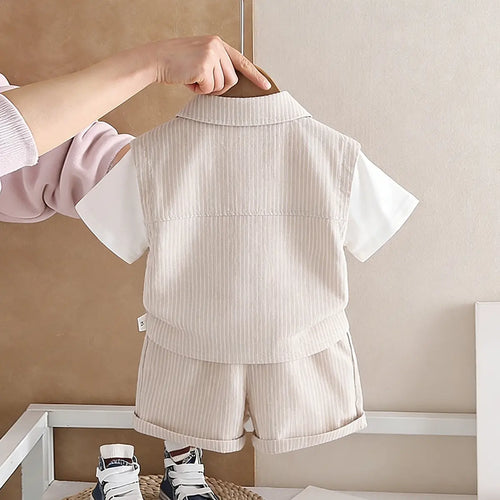 Boys Light Brown Striped Zip-Up T-Shirt With Shorts Sets Sets