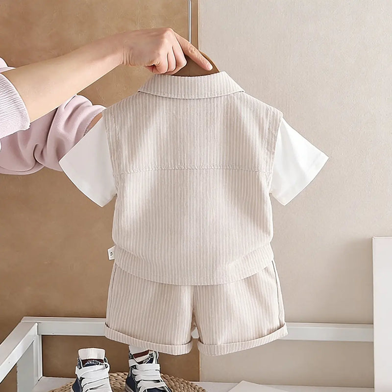 Boys Light Brown Striped Zip-Up T-Shirt With Shorts Sets Sets