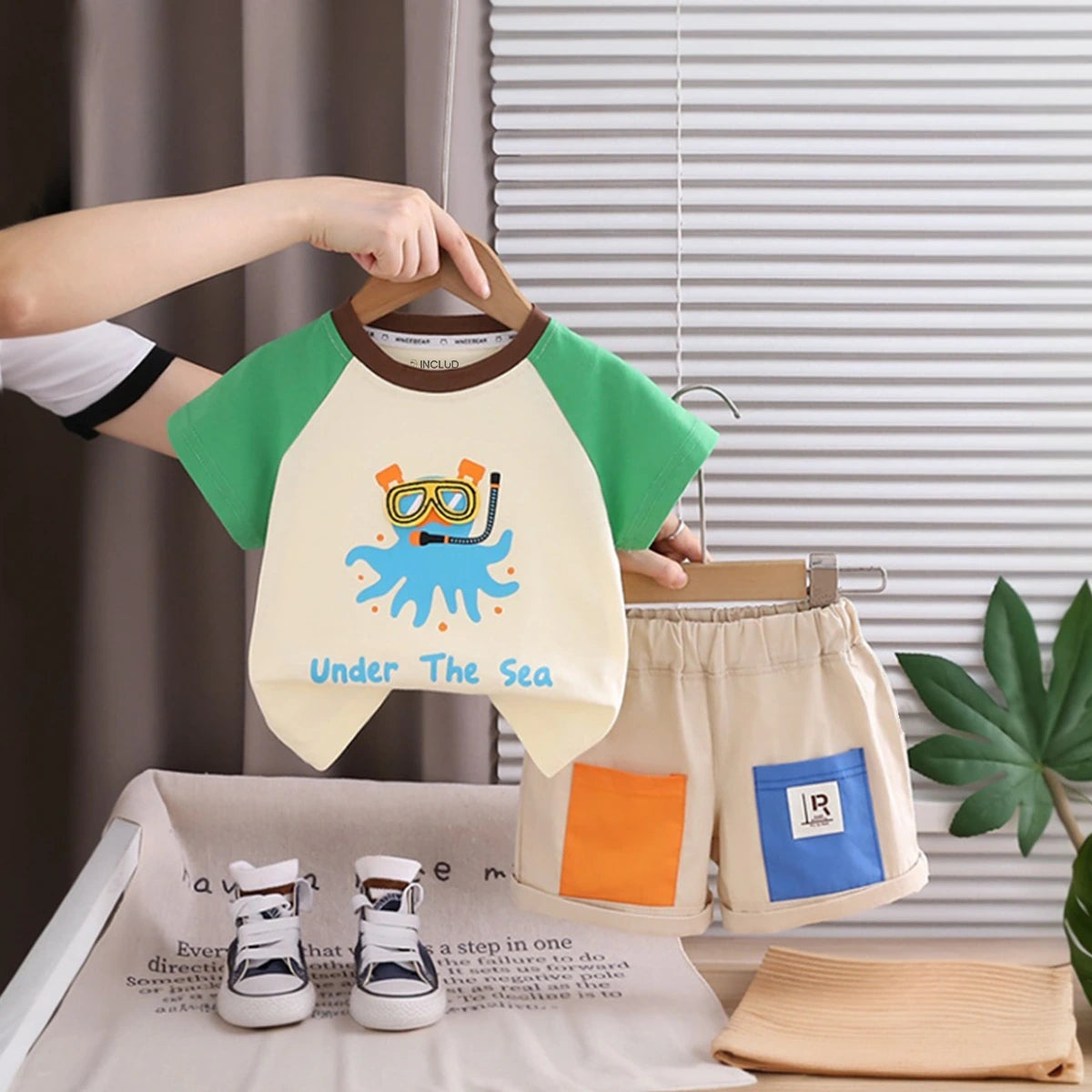 Boys Green Octopus Graphic Raglan Sleeve T-Shirt With Elasticated Shorts Sets 2 pc. Sets Green 1-2 Y