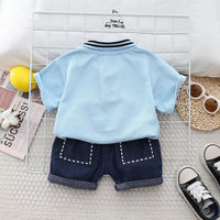 Boys Light Blue Bear Printed Polo Polo T-Shirt With Denim Shorts Sets 2 pc. Sets