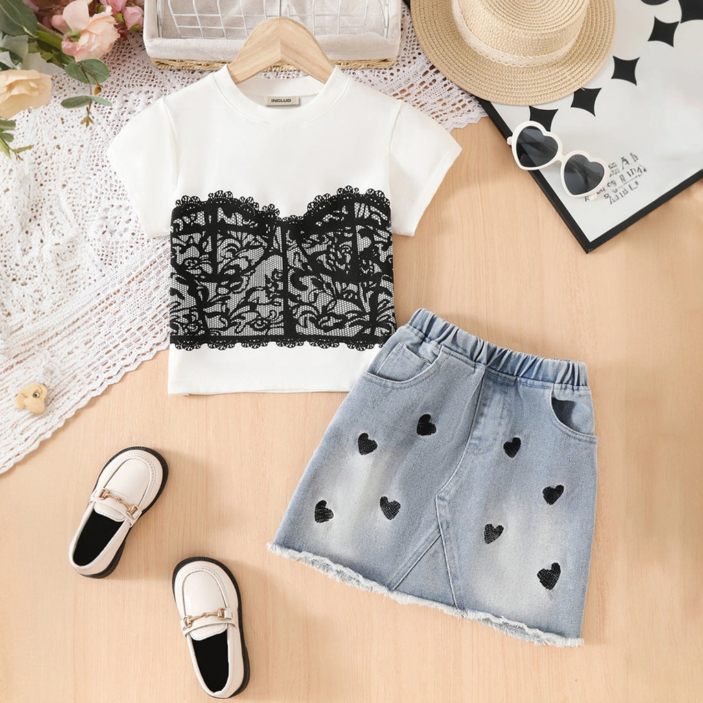 Girls White Lace Corset Printed T-Shirt With Denim Skirts Set Sets White 3-4 Y