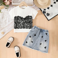 Girls White Lace Corset Printed T-Shirt With Denim Skirts Set Sets White 3-4 Y