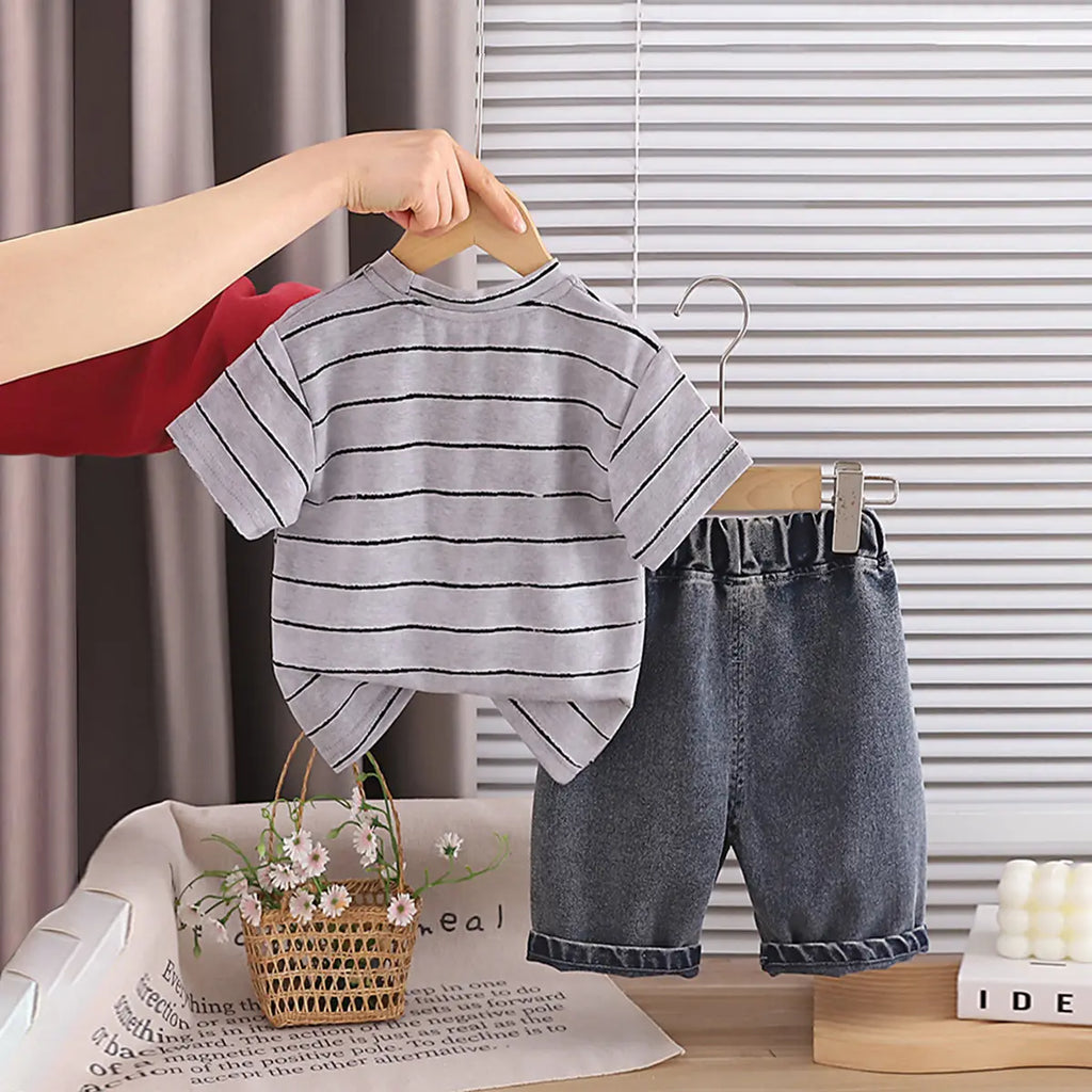 Boys Grey Striped Bear Graphic T-Shirt With Denim Shorts Sets 2 pc. Sets