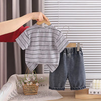 Boys Grey Striped Bear Graphic T-Shirt With Denim Shorts Sets 2 pc. Sets