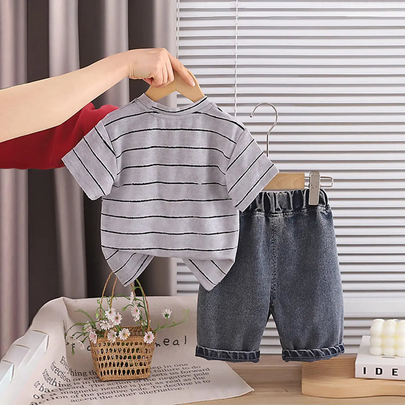 Boys Grey Striped Bear Graphic T-Shirt With Denim Shorts Sets 2 pc. Sets