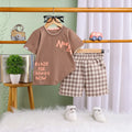 Boys Light Brown Typographic Short Sleeve T-Shirt With Checked Shorts Sets Sets Light Brown 6-12 M