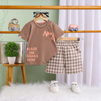 Boys Light Brown Typographic Short Sleeve T-Shirt With Checked Shorts Sets Sets Light Brown 6-12 M