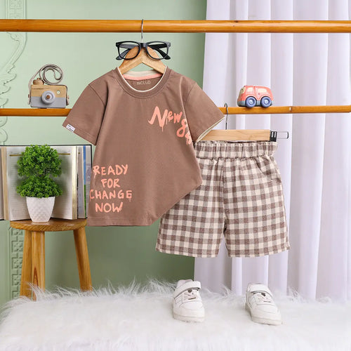 Boys Light Brown Typographic Short Sleeve T-Shirt With Checked Shorts Sets Sets Light Brown 6-12 M