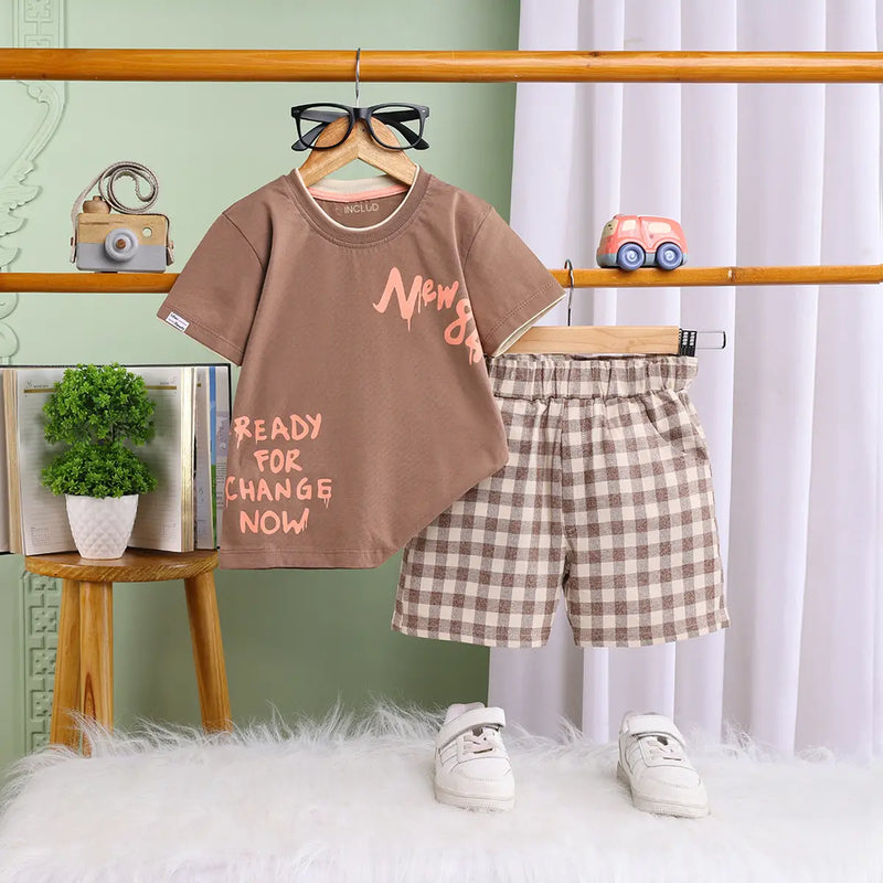 Boys Light Brown Typographic Short Sleeve T-Shirt With Checked Shorts Sets Sets Light Brown 6-12 M