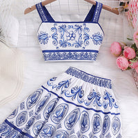 Girls Blue Ethnic Print Sleeveless Top With Skirt Sets 2 pc. Sets