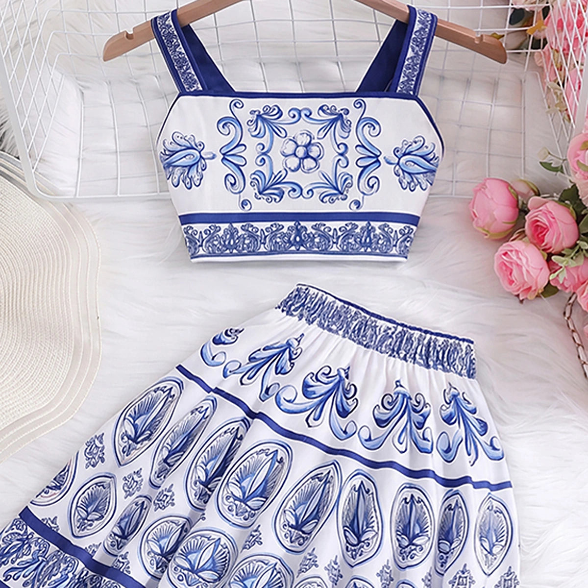 Girls Blue Ethnic Print Sleeveless Top With Skirt Sets 2 pc. Sets