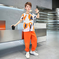 Boys Orange Abstract Printed Summer T-Shirt With Jogger Set 2 pc. Sets Orange 5-6 Y