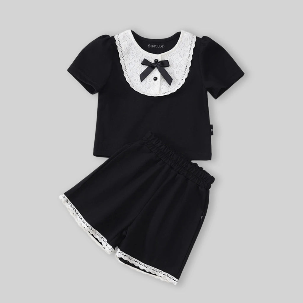 Girls Black Lace Yoke Short Sleeve Top With Elasticated Shorts Sets Sets
