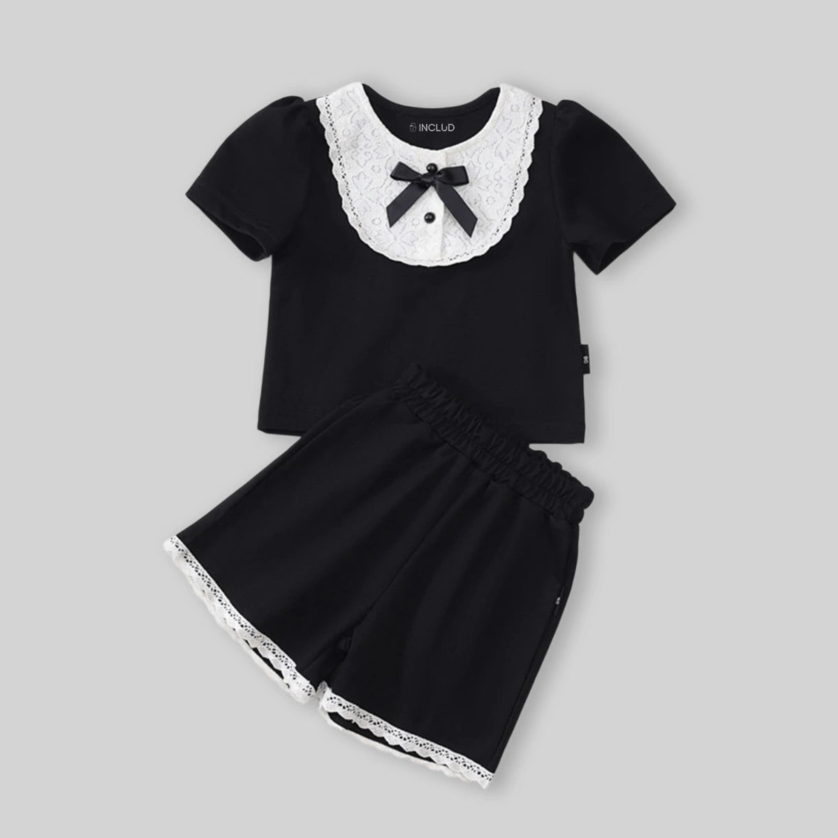 Girls Black Lace Yoke Short Sleeve Top With Elasticated Shorts Sets Sets