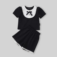 Girls Black Lace Yoke Short Sleeve Top With Elasticated Shorts Sets Sets