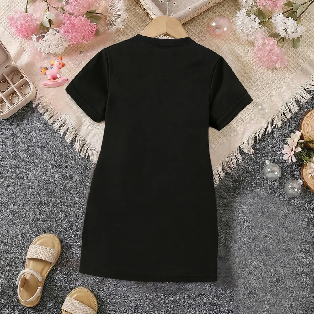 Girls Black Bow Graphic Short Sleeve T-Shirt Dress Casual Dresses