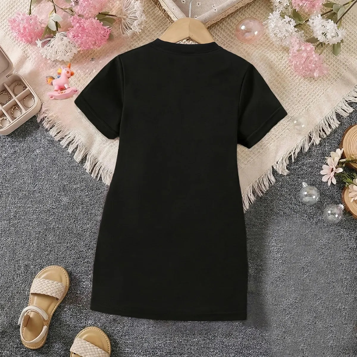 Girls Black Bow Graphic Short Sleeve T-Shirt Dress Casual Dresses