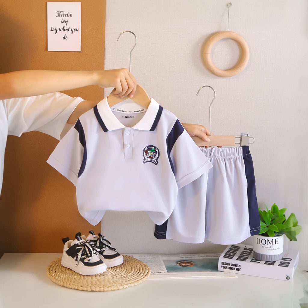 Boys Purple Printed Short Sleeve Polo T-Shirt With Elasticated Shorts Sets 2 pc. Sets Purple 1-2 Y