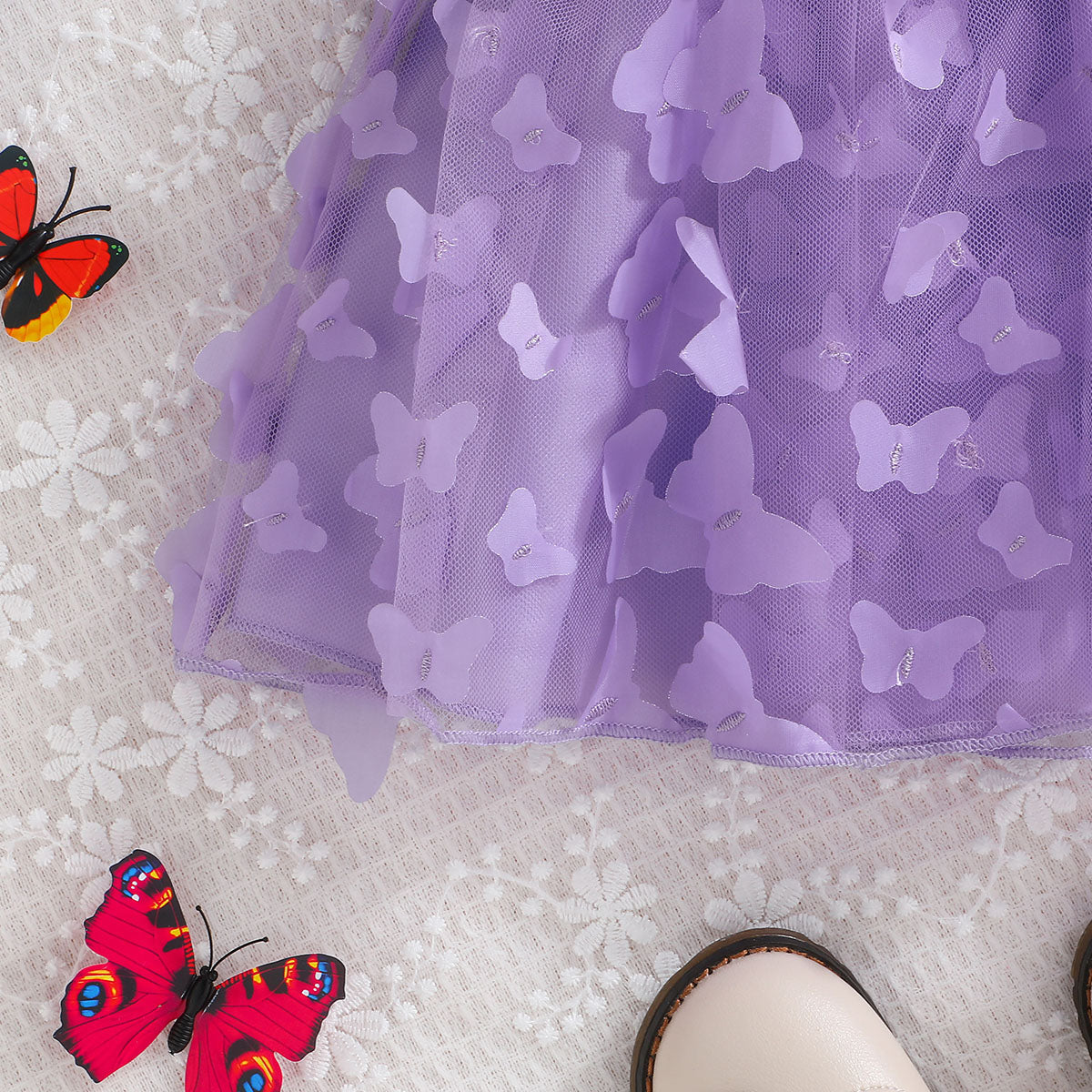 Girls Purple Solid Blazer Shrug With Butterfly Applique Tulle Overlay Fit And Flared Dress Casual Dresses
