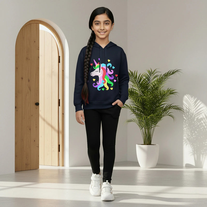 Girls Navy Blue Unicorn Heart Graphics Hooded Sweatshirt Sweatshirts & Hoodies Navy Blue 1-2 Y