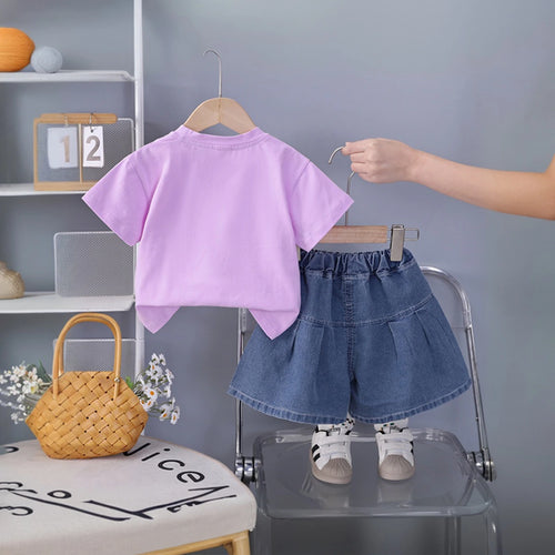 Girls Purple Floral Embellished T-Shirt With Pleated Denim Shorts Set Sets