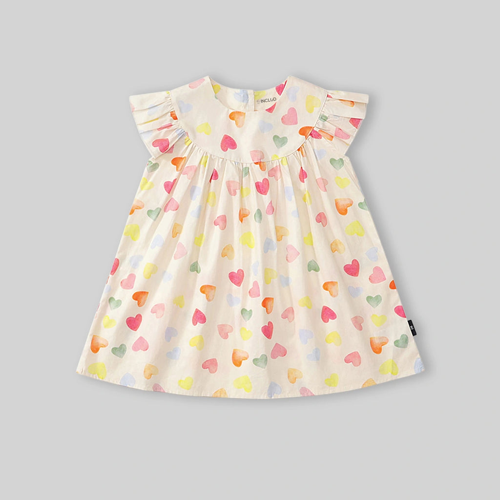 Girls Apricot Heart Printed Flutter Sleeve A-Line Dress Casual Dresses