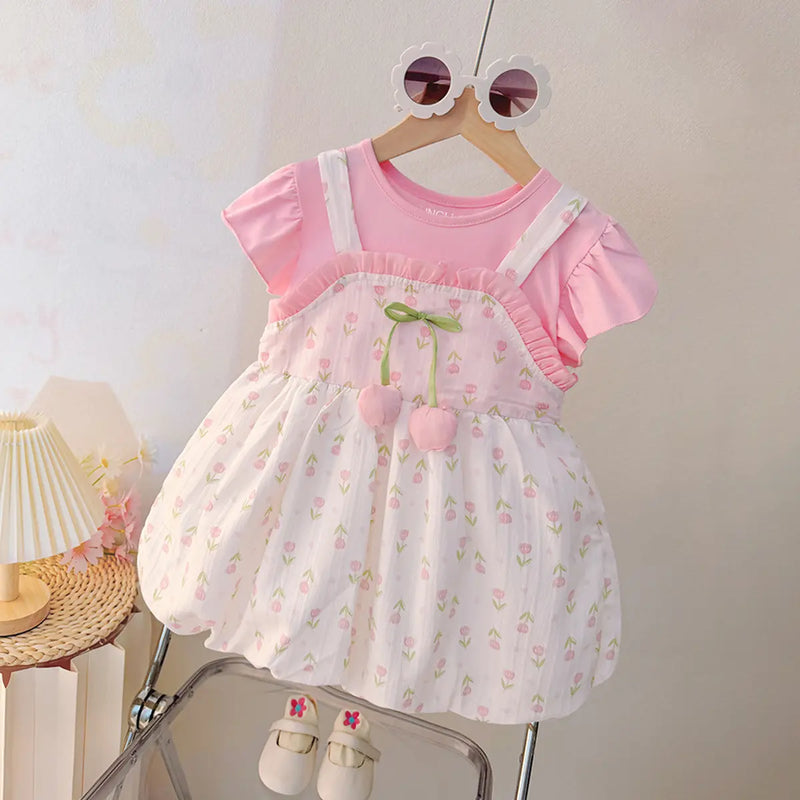 Girls Light Pink Floral Printed Short Sleeve Balloon Dress Casual Dresses Light Pink 1-2 Y