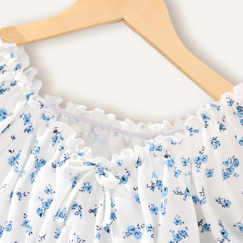Girls White Floral Printed Raglan Sleeves Top Tops