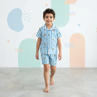 Boys Turquoise Striped Short Sleeves Shirt With Elasticated Shorts Sets Sets Turquoise 6-9 M