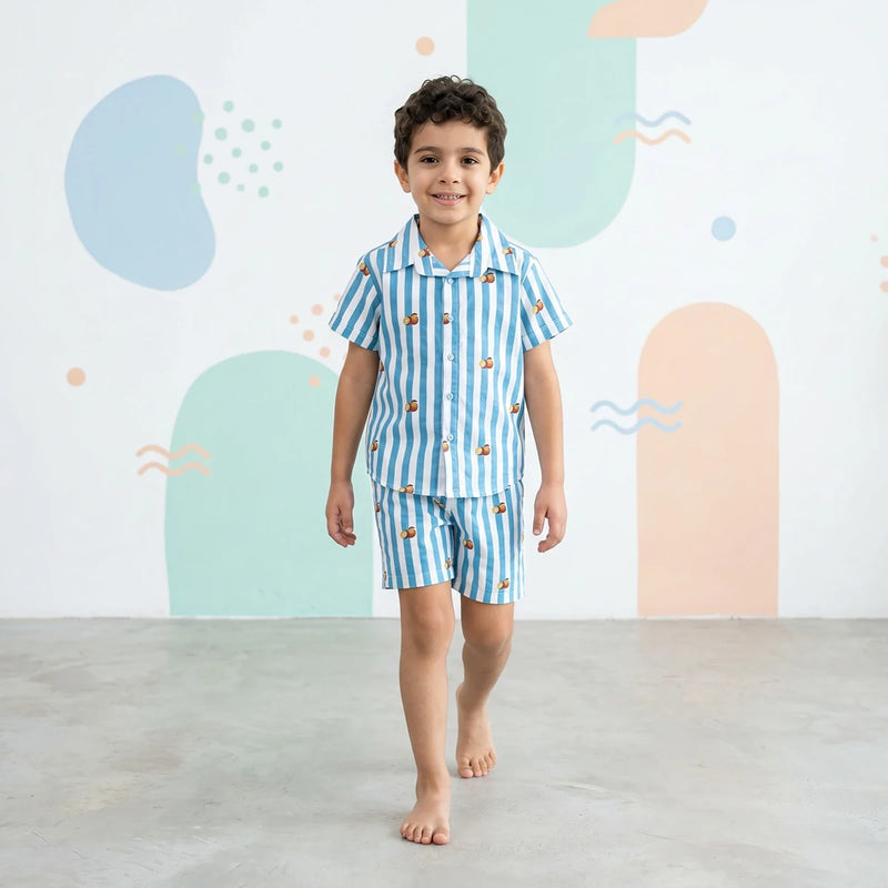 Boys Turquoise Striped Short Sleeves Shirt With Elasticated Shorts Sets Sets Turquoise 6-9 M