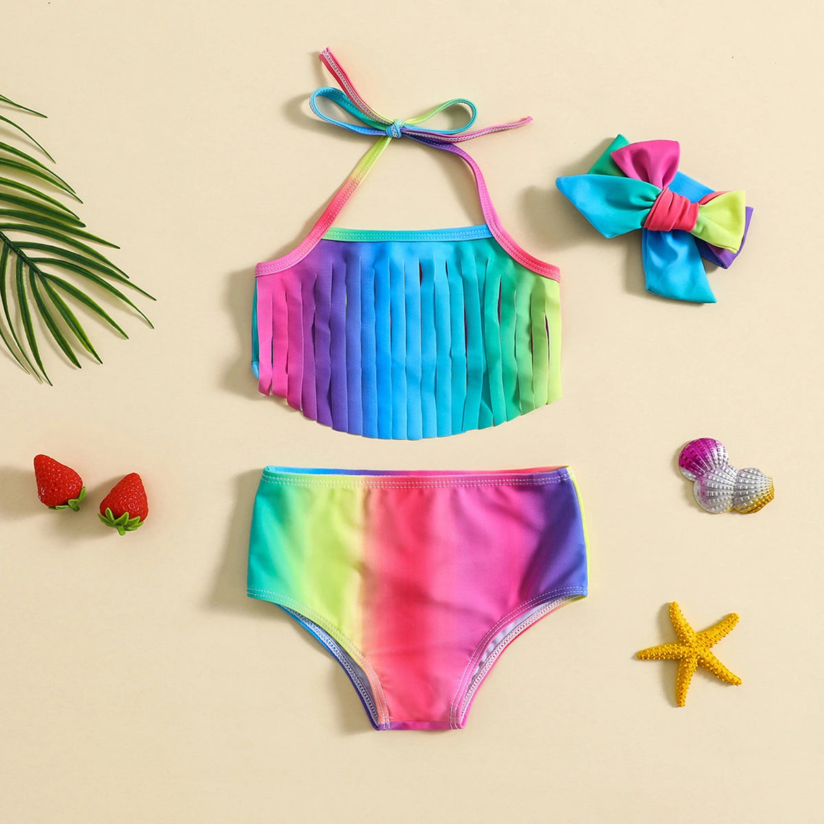 Girls Multicolor Ombre Print Halter Top & Briefs With Headband Swimwear Sets Sets Multicolor 1-2 Y