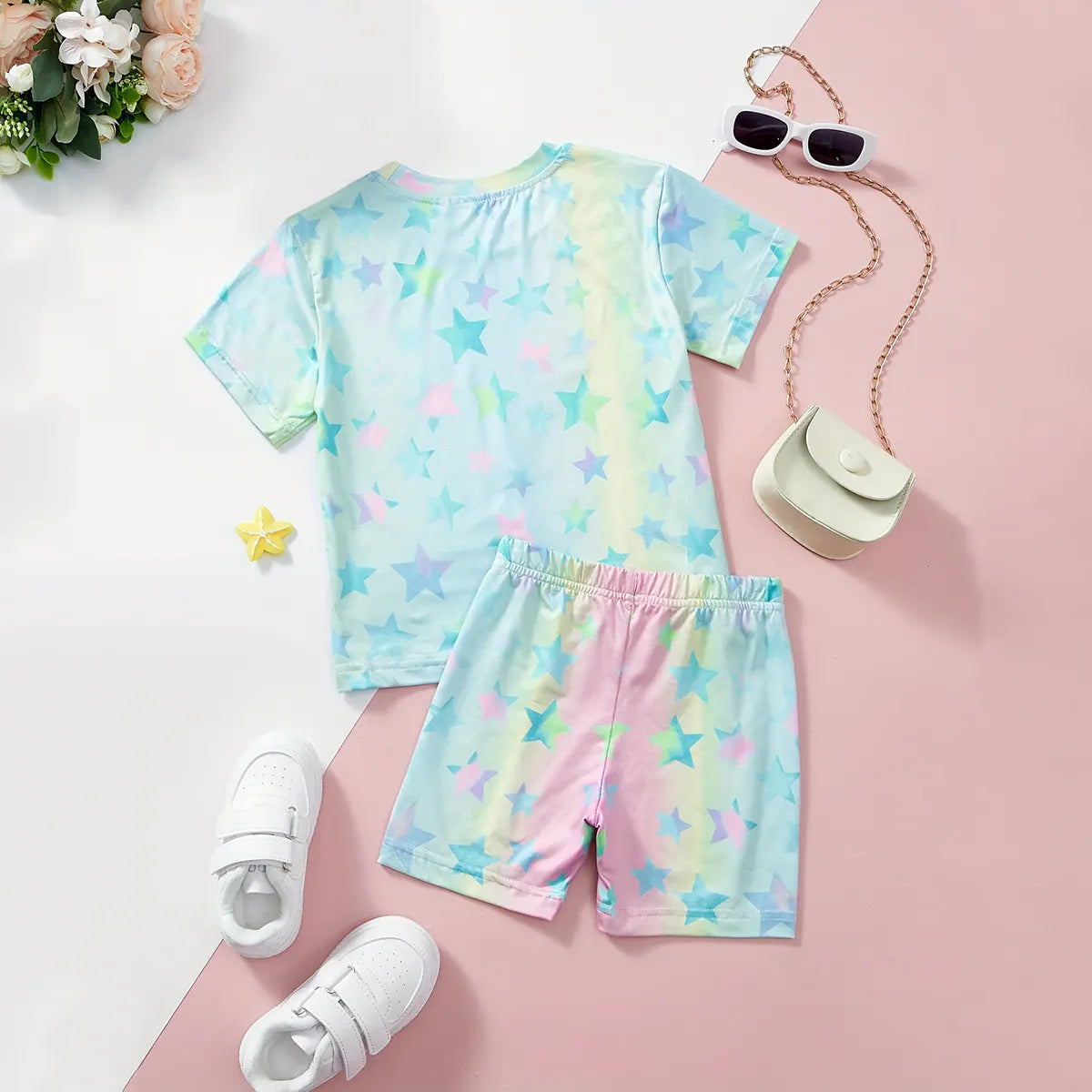 Girls Light Blue Star Print Short Sleeve T-Shirt With Shorts Sets 2 pc. Sets