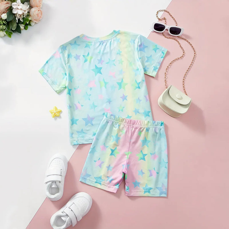 Girls Light Blue Star Print Short Sleeve T-Shirt With Shorts Sets 2 pc. Sets