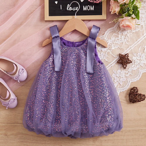 Girls Purple Sleeveless Sequins Embellished Balloon Dress Casual Dresses Purple 1-2 Y