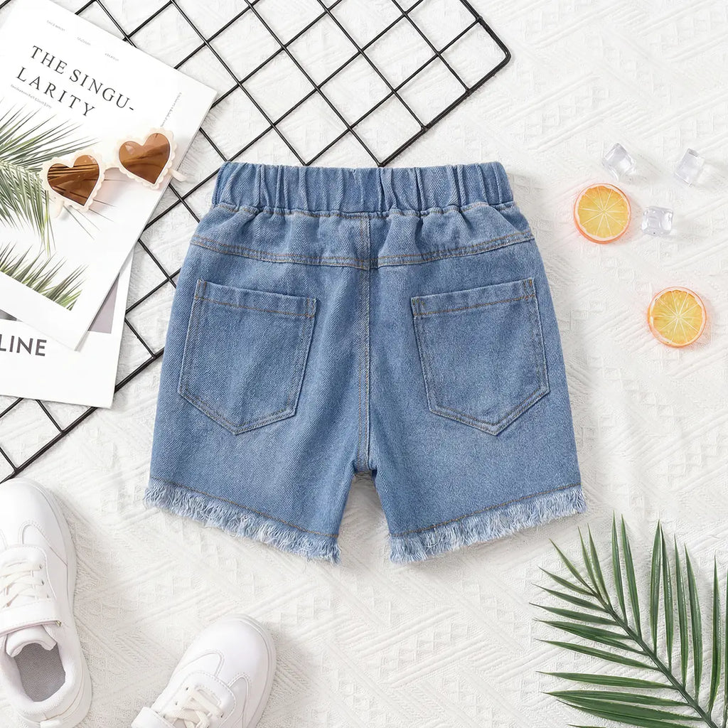 Girls Blue Solid Denim Shorts With Elasticated Waistband Shorts