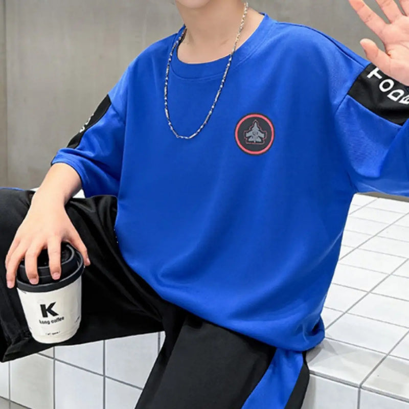 Boys Royal Blue Typographic Printed Oversized T-Shirt With Shorts Sets Sets