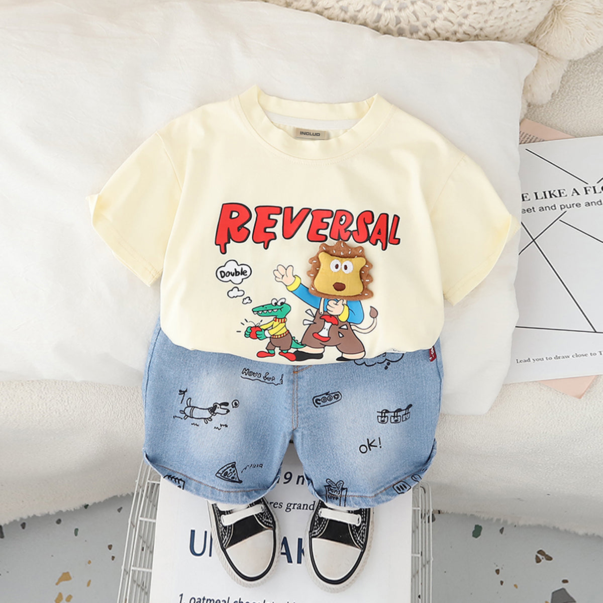 Boys Apricot Graphic Short Sleeves T-Shirt With Printed Denim Shorts Set 2 pc. Sets Apricot 1-2 Y