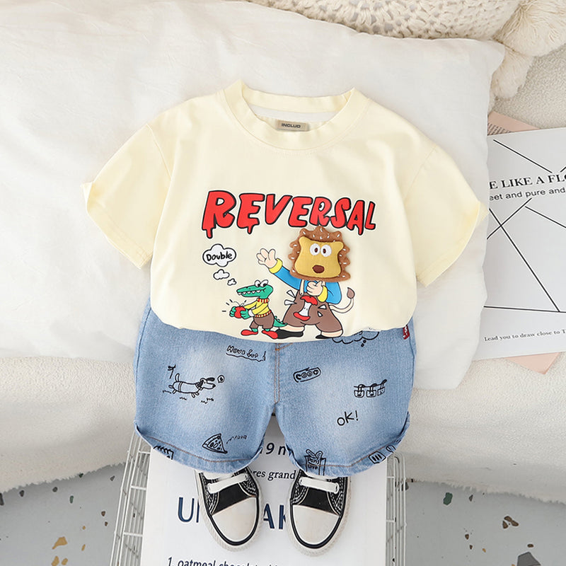 Boys Apricot Graphic Short Sleeves T-Shirt With Printed Denim Shorts Set 2 pc. Sets Apricot 1-2 Y