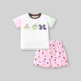 Girls Cartoon Graphic Top With Polka Dot Printed Shorts Sets   