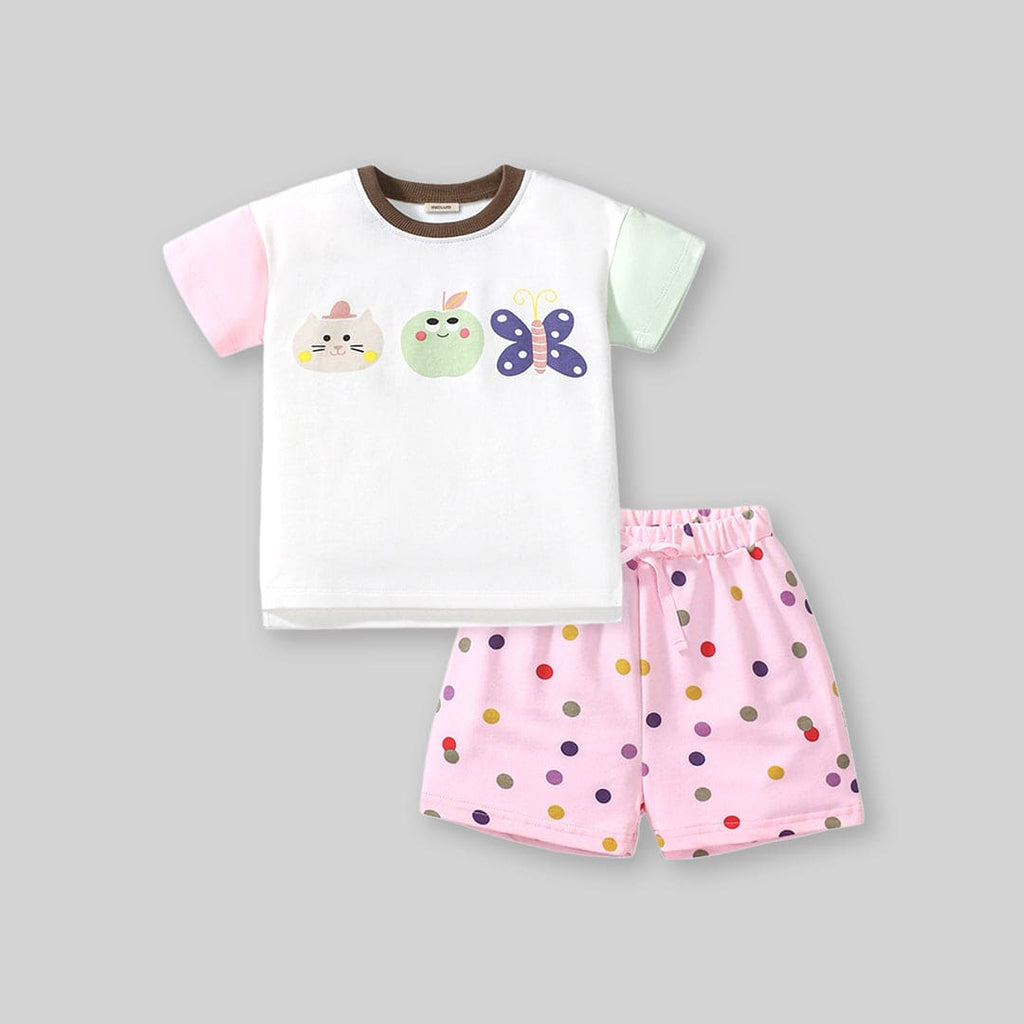 Girls Cartoon Graphic Top With Polka Dot Printed Shorts Sets   
