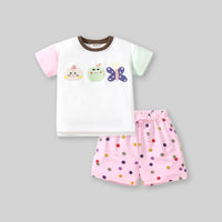 Girls Cartoon Graphic Top With Polka Dot Printed Shorts Sets   