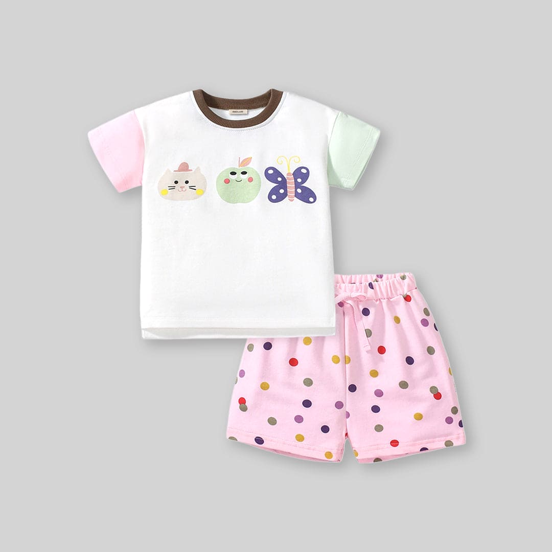 Girls Cartoon Graphic Top With Polka Dot Printed Shorts Sets   