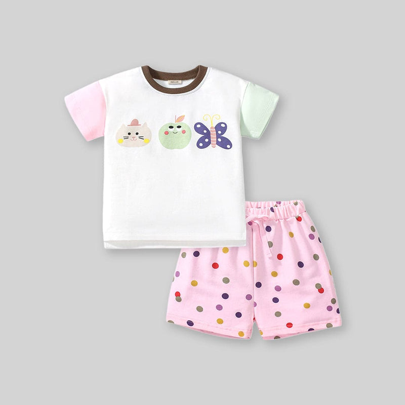 Girls Cartoon Graphic Top With Polka Dot Printed Shorts Sets   