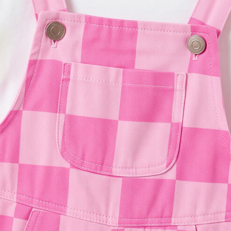 Girls White T-Shirt With Checked Dungaree Sets Sets